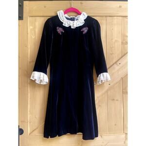 Sandro Paris Velvet Embroidered Ruffled Mini Blue Dress Size 1